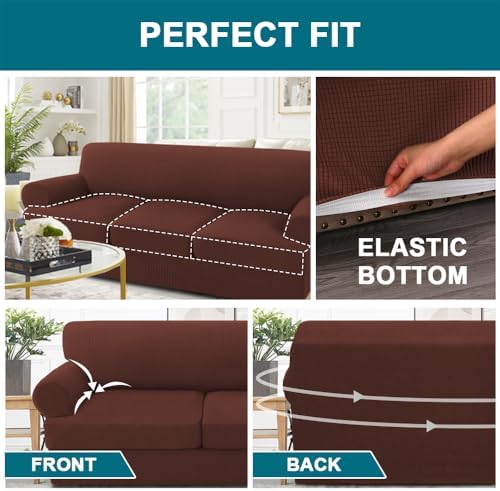 Turquoize 4 Piece T Cushion Sofa Slipcovers Stretch Couch Cover Furniture Covers with 3 Individual T Cushion Covers, Machine Washable (3 Cushion Sofa, Burnt Brick)