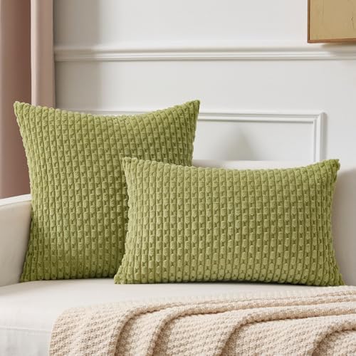 Kevin Textile Soft Corduroy 20x20 Inch Pillow Covers 2 Pack, Grass Green