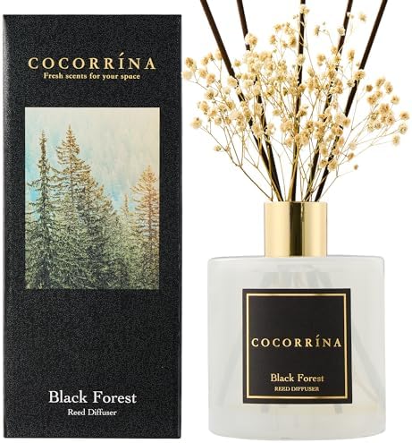 COCORRÍNA Reed Diffuser - Black Forest 17 Fl.oz Reed Diffuser with 8 Sticks Scented Diffuser with Preserved Flowers for Bathroom Home Decor