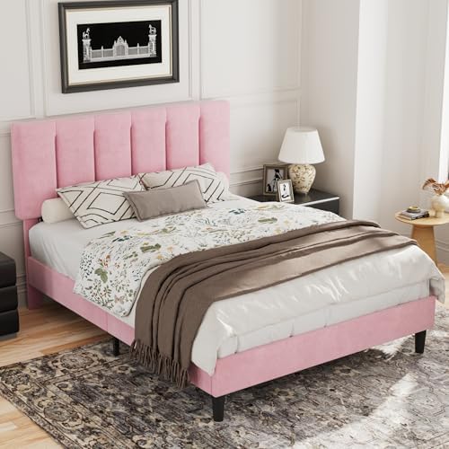 VECELO Full Size Bed Frame with Upholstered Headboard, Velvet & Pink