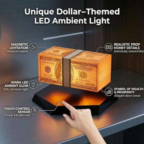 Magnetic Levitation Dollar Lamp, Floating Money Lamp with LED Ambient Light, 360° Rotating Desk Decor for Game Room, Office and Bedroom, Cool Levitating Gift for Men and Gamers (3 Color Light)