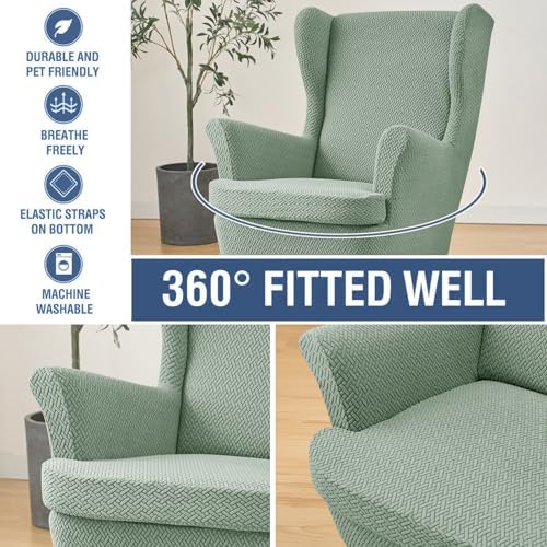 NILUOH Wingback Chair Slipcover 2-Piece Stretch Wingback Chair Sofa Slipcover Armchair Cover Jacquard Furniture Protector Couch Soft with Elastic Bottom for Living Room