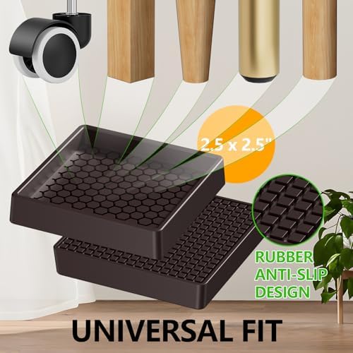 Non Slip Furniture Pads- 2.5"x2.5" Square Anti Skid Caster Cups Furniture Coasters, Anti-Sliding Grippers Floor Protectors for Furniture Bed, Couch, Chair Leg, Brown(Set of 4)