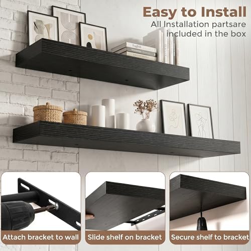 55 Inch Floating Shelves for Wall, 8"D Wood Storage Shelves, Black Finish