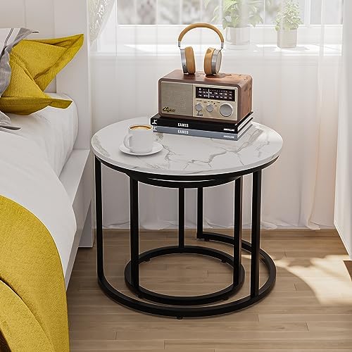 Smuxee White Nesting Coffee Table Set of 2, 23.6" Round Coffee Table Wood Grain Top with Adjustable Non-Slip Feet, Industrial End Table Side Tables for Living Room Bedroom Balcony Yard