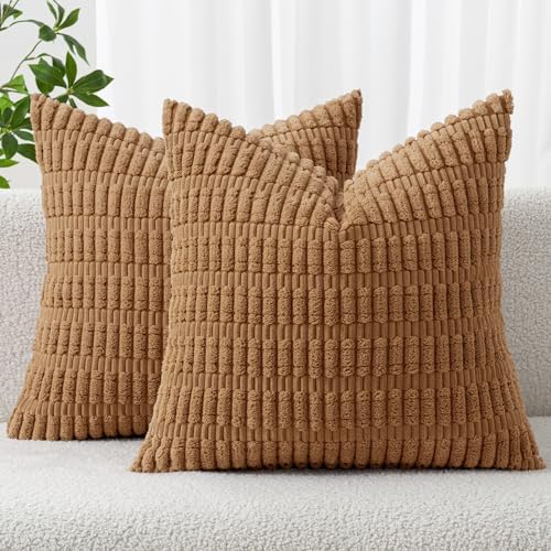 MIULEE Corduroy Decorative Throw Pillow Covers 20x20 Brown Pack of 2