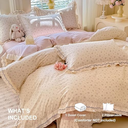 Pink Floral Duvet Cover Set 3 Pcs,100% Cotton Twin Size Duvet Cover with 2 Pillowcases,Aesthetic Rustic Cute Bedding Set with Ruffles for Teen Girls,Comforter Cover with Ties 68"×86"