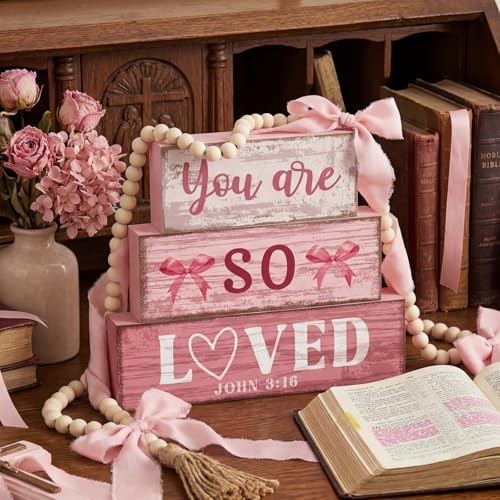 Yuntau 4 Pcs Pink Christian Table Decor Wooden Bow Decor Blocks Sign