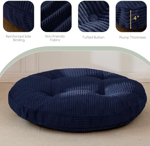 HIGOGOGO 35" Floor Pillow Cushion for Adults, Meditation Cushion Pillow, Extra Large Square Floor Sitting, Tufted Corduroy Cover for Tatami Living Room or Yoga, Navy