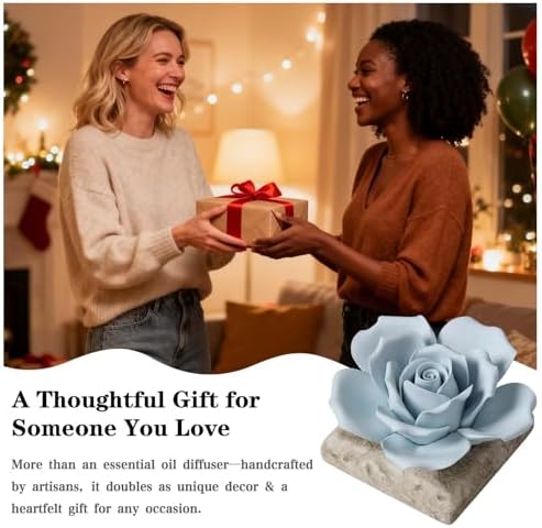 Ceramic Passive Essential Oil Diffuser, Aesthetic Desktop Handmade Flower & Concrete Base, Porcelain Aromatherapy Oils Diffuser for Home, Office, Yoga, Spa Room (Blue Rose)