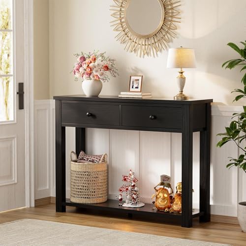 Homieasy Farmhouse Console Table with 2 Drawers, 32 Inch Small Sofa Table with Storage Shelf for Living Room, Behind Couch, Entryway Table for Hallway, Living Room, or Foyer, Black