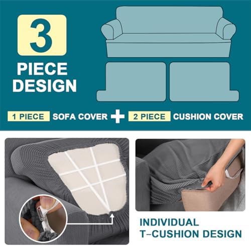 Turquoize 3 Piece T Cushion Loveseat Slipcovers Sofa Cover for 2 Cushion Couch Cover Washable Sofa Slipcover Furniture Covers with 2 Individual T Cushion Seat Covers (2 Cushion Loveseat, Gray)