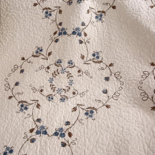 vctops 100% Cotton Quilted Throw Blanket 50x60 Inch Floral Embroidered Reversible Patchwork All Season Throw (Blue,50"x60")