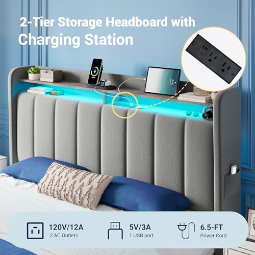 Allewie Queen Bed Frame with 2-Tier Storage Headboard & 2 Large Drawers
