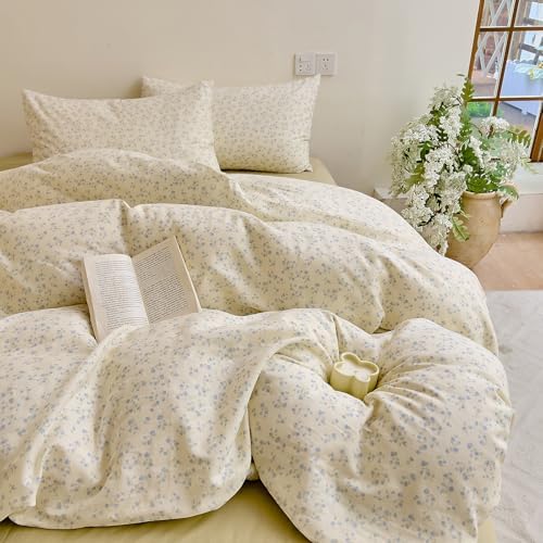 HighBuy Vintage Muslin Duvet Cover Set King,Blue Floral Print 100% Cotton Gauze Comforter Cover French Country Chic Floral Quilt Cover with 2 Pillowcases,3 Piece Soft Breathable Bedding Set
