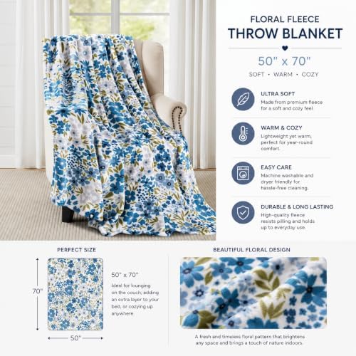 Soft Fleece Throw Blanket, Bohemian Boho Elegant Floral Blue Green, 50x70