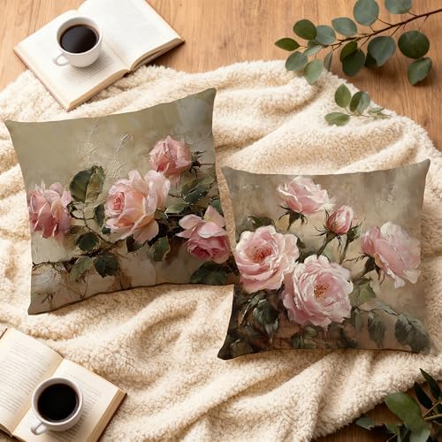 Vintage Pink Rose Floral Rectangle Pillow Throw Cover 18x18 Decor, Shabby Chic Rustic Cottagecore Decorative Throw Pillow Covers Double-Sided Set of 2