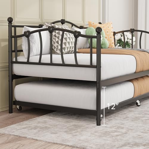 GarveeHome Twin Daybed with Trundle, Metal Sofa Bed Frame with Steel Slat Support, Twin Size Space-Saving Furniture for Living Room, Bedroom, Love Heart Design, No Box Spring Needed, Black
