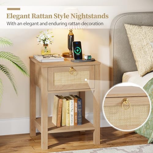 Eclatara Rattan Nightstand Set of 2: Sturdy Night Stand with Rattan Decor Drawer, Farmhouse Nightstand Bedside Table Boho End Tables Side Tables for Bedroom (Natural Oak,2 Pieces)