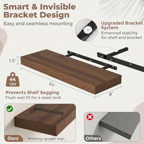 24 Inch Floating Shelves for Wall, 8"D Wood Storage Shelves, Walnut Finish
