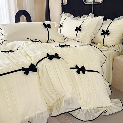 Ruffle Beddding Set with Bowtie,Chic Lace Bedding,Girls Twin Aesthetic Comforter Cover Set,Romantic French Princess Style Ruffled Duvet Cover with Lovely Bow with Zipper Closure
