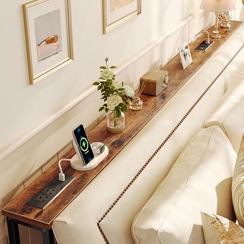 SUPERJARE 86.6 Inch Sofa Table with 2 Power Outlets and USB-C Ports, 5.9 Inch Narrow Console Table with Storage, Long Entryway Hallway Couch Table Behind Sofa, Small Spaces, Living Room, Rustic Brown