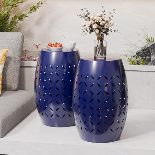 VINGLI Outdoor Iron Side Table, Patio End Table Anti-Rust Metal Round Drum Garden Stool Plant Stand Indoor Iron Accent Table for Patio Deck Porch Living Room (Navy Blue)