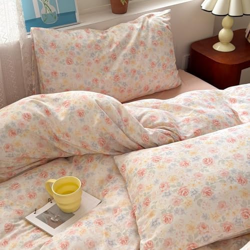 Cute 100 Cotton Duvet Cover Set 3 Pcs(1 King Size Duvet Cover with 2 Pillowcases),Orange Floral Bedding Set with Zipper,Soft Lightweight Breathable Gauze Comforter Covers 104"×90"