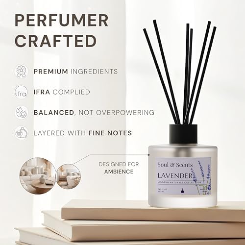 Soul & Scents Reed Diffuser Set – Lavender | 7.43 oz Refillable Scented Oil with 6 Fiber Sticks | Long-Lasting Home Fragrance & Air Freshener for Bedroom, Bathroom, Office | Gift & Décor Piece