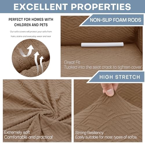 ZNSAYOTX 1 Piece Jacquard Couch Covers for 3 Cushion Couch Living Room High Stretch Sofa Cover Pets Dogs Friendly Anti Slip Thickened Slipcovers Furniture Protector (Large,New Pattern Light Coffee)