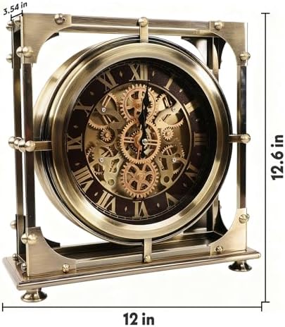 Moving Gears Desk Clock, Mantle Clock, Industrial Steampunk Art Decorative Clocks for Living Room Farmhouse Offcie, Christams Gifts Ideas for Father Boss Senior Friend (12inch Bronze Roman)