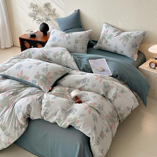 HighBuy Pink Floral Muslin Duvet Cover Set King Muslin Cotton Durable Gauze Bedding Set,Boho Chic Cottagecore Floral Bedding Comforter Cover Set - (1 Duvet Cover with 2 Pillow Shams)