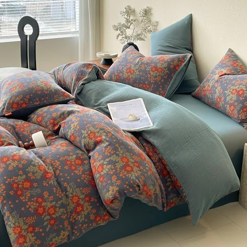 HighBuy Aesthetic Brunt Orange Floral Duvet Cover Set King,100% Muslin Cotton Soft Durable Reversible Coquette Gauze Bedding Set,Vintage Floral Bedding Set,Duvet Cover with 2 Pillowcases