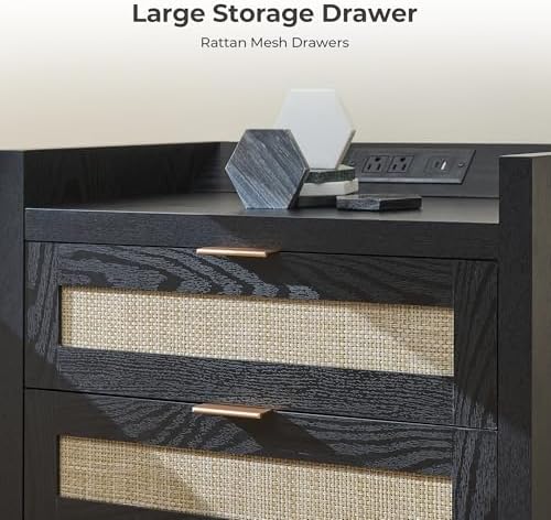 SICOTAS Nightstands Set of 2 : Rattan Tall Bedside Table with 3 Drawers