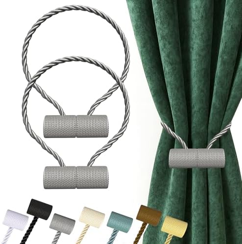 Hion Magnetic Curtain Tiebacks Grey 2pcs, Curtain Tiebacks Buckles Holdbacks Holders Hooks Clip for Home Bedroom Office Decorative Curtain