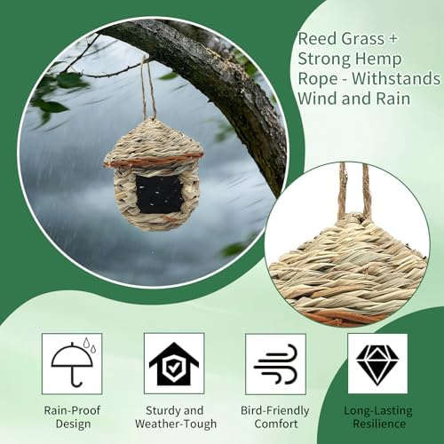 GUTE Hummingbird Houses 2Pcs Hand Woven Grass Hanging Bird Nest