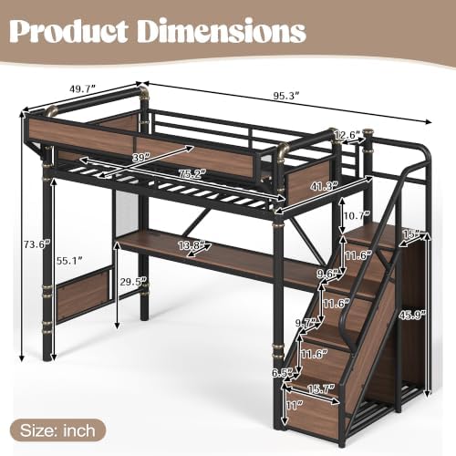 Bellemave Twin Metal Loft Bed with Stairs and Desk for Kids,Adults,Black