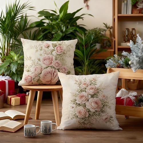 Vintage Pink Rose Floral Pillow Cover 18x18 Double-Sided Set of 4, French Country Decor, Pink Flower Throw Pillow Cover Case for Home Bedroom Living Room