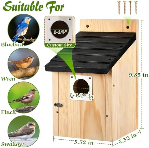 Dreyoo 4 Pack Bluebird Houses for Outside with Metal Predator Guard, 1-1/2" Entrance Hole Wooden Blue Bird Houses for Outdoors, Bluebird Nesting Box(Black Roof, Wood Body)