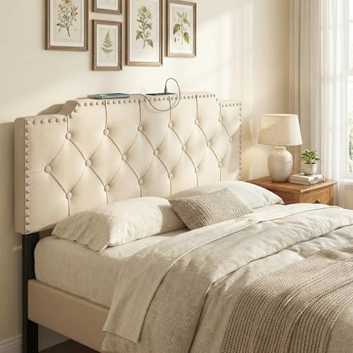 KOMFOTT Riveted Upholstered Headboard with Charging Station for Full & Queen Size Bed Frame, Tufted Button Bed Headboard with Solid Rubber Wood Legs, Headboard with Adjustable Width, Beige