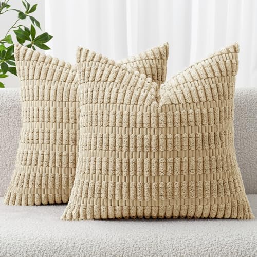 MIULEE Corduroy Decorative Throw Pillow Covers 16x16 Tan Pack of 2