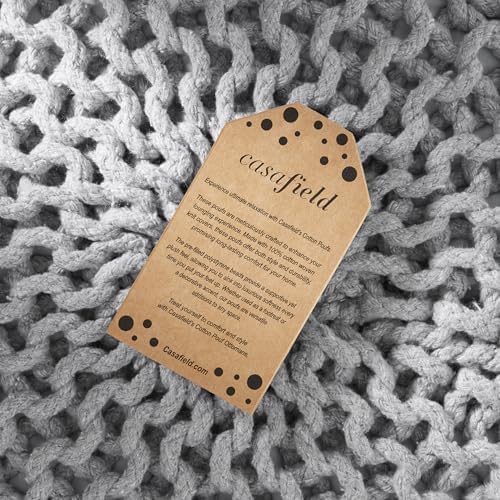 Casafield Round Pouf Ottoman, Light Gray - 20" Diameter x 14.5" High Cotton Knit Foot Stool - Boho Floor Pouffe for Living Room, Bedroom, Home Office