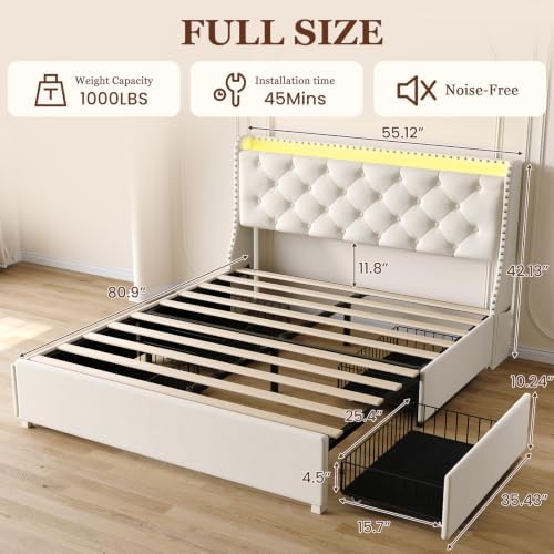 Upholstered Full Size Bed Frame with 4 Storage Drawers, Beige
