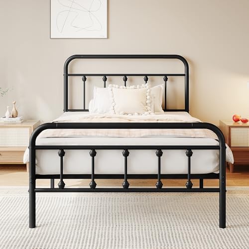 zunatu Twin Size Metal Bed Frame, Victorian Style Headboard and Footboard