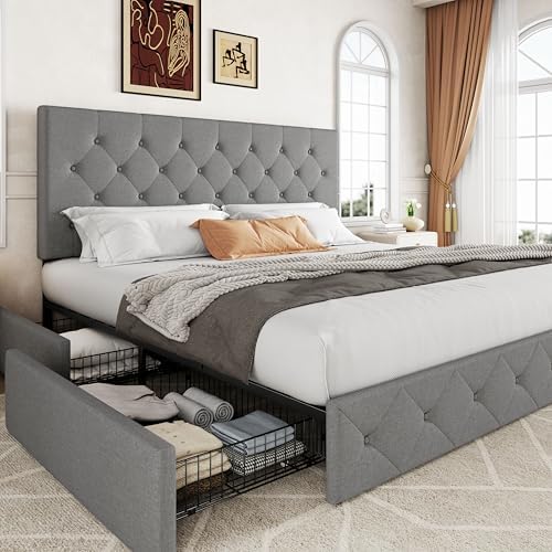 Allewie King Size Storage Bed Frame with 4 Underbed Drawers, Upholstered Platform Bed with Adjustable Headboard, Diamond Button Tufted, Easy Assembly, Noise-Free, No Box Spring Needed, Light Grey