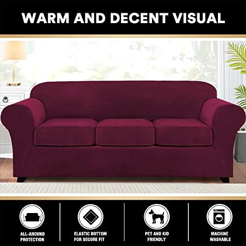 PrinceDeco Velvet Couch Covers for Sofa Soft 4 Pieces Couch Covers for 3 Cushion Couch Sofa Pet Friendly Furniture Protector with Non Slip Elastic Bottom Width Up to 90 Inch(Large, Burgundy)
