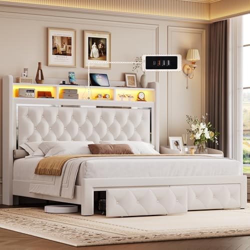 Keyluv Queen Velvet LED Bed Frame with 2 Drawers & Charging Station, Beige