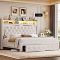 Keyluv Queen Velvet LED Bed Frame with 2 Drawers & Charging Station, Beige