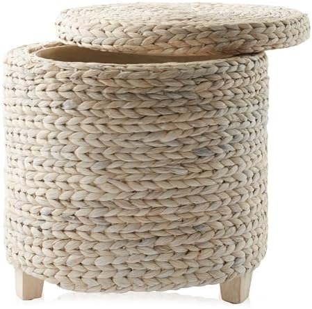 Casafield 17" Round Storage Ottoman with Lid - Whitewash White, Handwoven Water Hyacinth Footstool for Living Room, Bedroom, Bathroom, Home Office