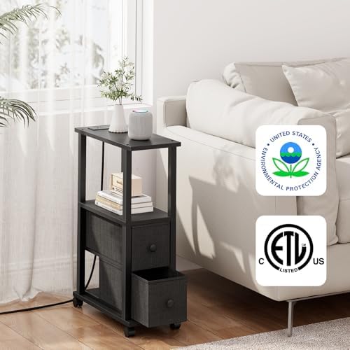 TUTOTAK Small Narrow End Tables, Side Tables with 2 Fabric Drawers, Set of 2, Bedside Tables with Charging Station for Small Spaces, Slim Nightstands with USB Ports and Wheels, TB01BK053